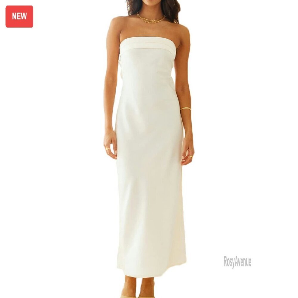 Satin Strapless Maxi Dress Backless Formal Wedding Guest Gown